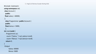 C++ Single Level Inheritance Example: Inheriting Fields
#include <iostream>
using namespace std;
class Account {
public:
float salary = 60000;
};
class Programmer: public Account {
public:
float bonus = 5000;
};
int main(void) {
Programmer p1;
cout<<"Salary: "<<p1.salary<<endl;
cout<<"Bonus: "<<p1.bonus<<endl;
return 0;
}
Output
Salary: 60000
Bonus: 5000
 