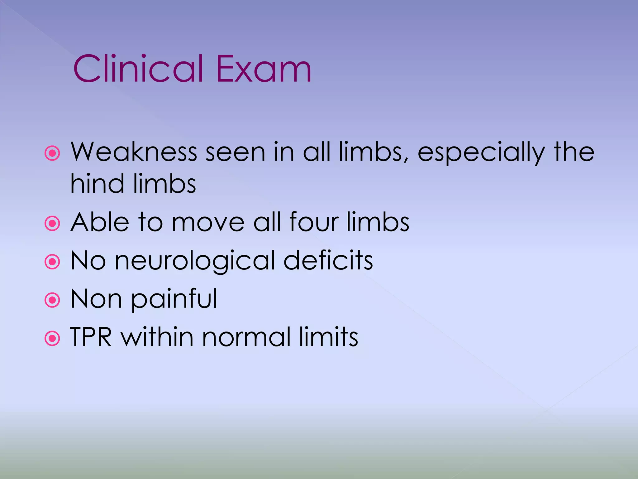 Clinical Exam
 Weakness seen in all limbs, especially the
hind limbs
 Able to move all four limbs
 No neurological deficits
 Non painful
 TPR within normal limits
 