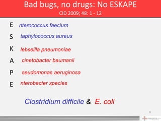 Bad bugs, no drugs: No ESKAPE
                    CID 2009; 48: 1 - 12

E   nterococcus faecium

S   taphylococcus aureus

K   lebseilla pneumoniae

A    cinetobacter baumanii

P    seudomonas aeruginosa

E   nterobacter species


      Clostridium difficile & E. coli
                                           11
 