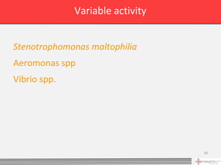 Variable activity


Stenotrophomonas maltophilia
Aeromonas spp
Vibrio spp.




                                  20
 