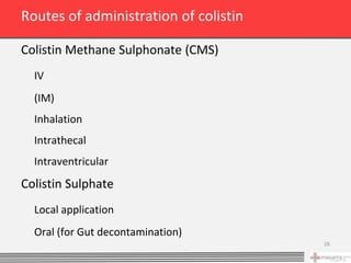 Routes of administration of colistin

Colistin Methane Sulphonate (CMS)
  IV
  (IM)
  Inhalation
  Intrathecal
  Intraventricular
Colistin Sulphate
  Local application
  Oral (for Gut decontamination)
                                       26
 