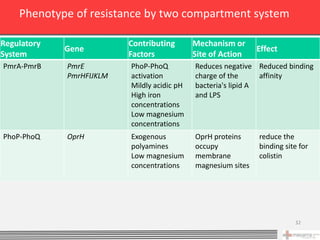 Phenotype of resistance by two compartment system

Regulatory                Contributing       Mechanism or
             Gene                                              Effect
System                    Factors            Site of Action
PmrA-PmrB    PmrE         PhoP-PhoQ          Reduces negative Reduced binding
             PmrHFIJKLM   activation         charge of the      affinity
                          Mildly acidic pH   bacteria's lipid A
                          High iron          and LPS
                          concentrations
                          Low magnesium
                          concentrations
PhoP-PhoQ    OprH         Exogenous          OprH proteins     reduce the
                          polyamines         occupy            binding site for
                          Low magnesium      membrane          colistin
                          concentrations     magnesium sites




                                                                          32
 