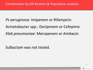 Combination by Kill Kinetics & Population analysis



Ps aeruginosa: Imipenem or Rifampicin
Acinetobacter spp.: Doripenem or Cefepime
Kleb pneumoniae: Meropenem or Amikacin


Sulbactam was not tested.



                                                     37
 