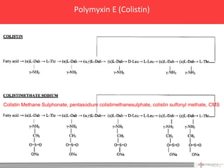 Polymyxin E (Colistin)




Colistin Methane Sulphonate, pentasodium colistimethanesulphate, colistin sulfonyl methate, CMS




                                                                                          4
 