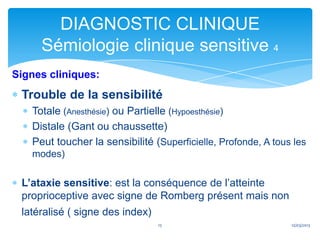 DIAGNOSTIC CLINIQUE
     Sémiologie clinique sensitive 4
Signes cliniques:
 Trouble de la sensibilité
   Totale (Anesthésie) ou Partielle (Hypoesthésie)
   Distale (Gant ou chaussette)
   Peut toucher la sensibilité (Superficielle, Profonde, A tous les
   modes)


 L’ataxie sensitive: est la conséquence de l’atteinte
 proprioceptive avec signe de Romberg présent mais non
 latéralisé ( signe des index)
                                 15                            12/03/2013
 