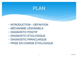 PLAN


INTRODUCTION – DÉFINITION
MÉCANISME LÉSIONNELS
DIAGNOSTIC POSITIF
DIAGNOSTIC ÉTIOLOGIQUE
DIAGNOSTIC PARACLINIQUE
PRISE EN CHARGE ÉTIOLOGIQUE



                 3            12/03/2013
 