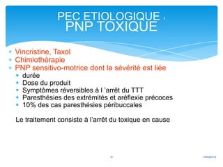 PEC ETIOLOGIQUE                   1

                 PNP TOXIQUE
Vincristine, Taxol
Chimiothérapie
PNP sensitivo-motrice dont la sévérité est liée
   durée
   Dose du produit
   Symptômes réversibles à l ’arrêt du TTT
   Paresthésies des extrémités et aréflexie précoces
   10% des cas paresthésies péribuccales

Le traitement consiste à l’arrêt du toxique en cause




                                31                      12/03/2013
 