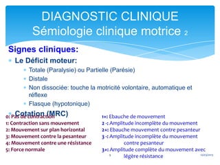 DIAGNOSTIC CLINIQUE
          Sémiologie clinique motrice 2
 Signes cliniques:
   Le Déficit moteur:
         Totale (Paralysie) ou Partielle (Parésie)
         Distale
         Non dissociée: touche la motricité volontaire, automatique et
         réflexe
         Flasque (hypotonique)
     Cotation (MRC)
0: Pas de contraction                1+: Ebauche de mouvement
1: Contraction sans mouvement        2 -: Amplitude incomplète du mouvement
2: Mouvement sur plan horizontal     2+: Ebauche mouvement contre pesanteur
3: Mouvement contre la pesanteur     3 -: Amplitude incomplète du mouvement
4: Mouvement contre une résistance             contre pesanteur
5: Force normale                     3+: Amplitude complète du mouvement avec
                                          9                                 12/03/2013
                                               légère résistance
 