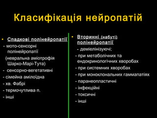 Класифікація нейропатійКласифікація нейропатій
• Спадкові полінейропатіїСпадкові полінейропатії
-- мото-сенсорнімото-сенсорні
полінейропатіїполінейропатії
(невральна аміотрофія(невральна аміотрофія
Шарко-Марі-Тута)Шарко-Марі-Тута)
- сенсорно-вегетативні- сенсорно-вегетативні
- сімейна амілоїдна- сімейна амілоїдна
- хв. Фабрі- хв. Фабрі
- термочутлива п.- термочутлива п.
- інші- інші
• ВторинніВторинні ((набуті)набуті)
полінейропатіїполінейропатії
-- деміелінізуючі;деміелінізуючі;
- при метаболічних та- при метаболічних та
ендокринологічних хворобахендокринологічних хворобах
- при системних хворобах- при системних хворобах
- при моноклональних гаммапатіях- при моноклональних гаммапатіях
- паранеопластичні- паранеопластичні
- інфекційні- інфекційні
- токсичні- токсичні
- інші- інші
 