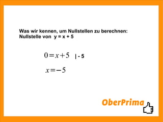 Was wir kennen, um Nullstellen zu berechnen: Nullstelle von  y = x + 5 | - 5 
