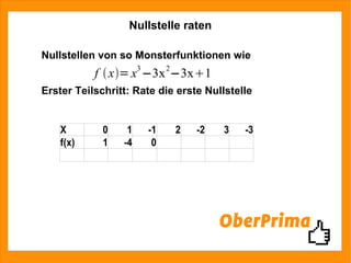 Nullstelle raten Nullstellen von so Monsterfunktionen wie  Erster Teilschritt: Rate die erste Nullstelle 