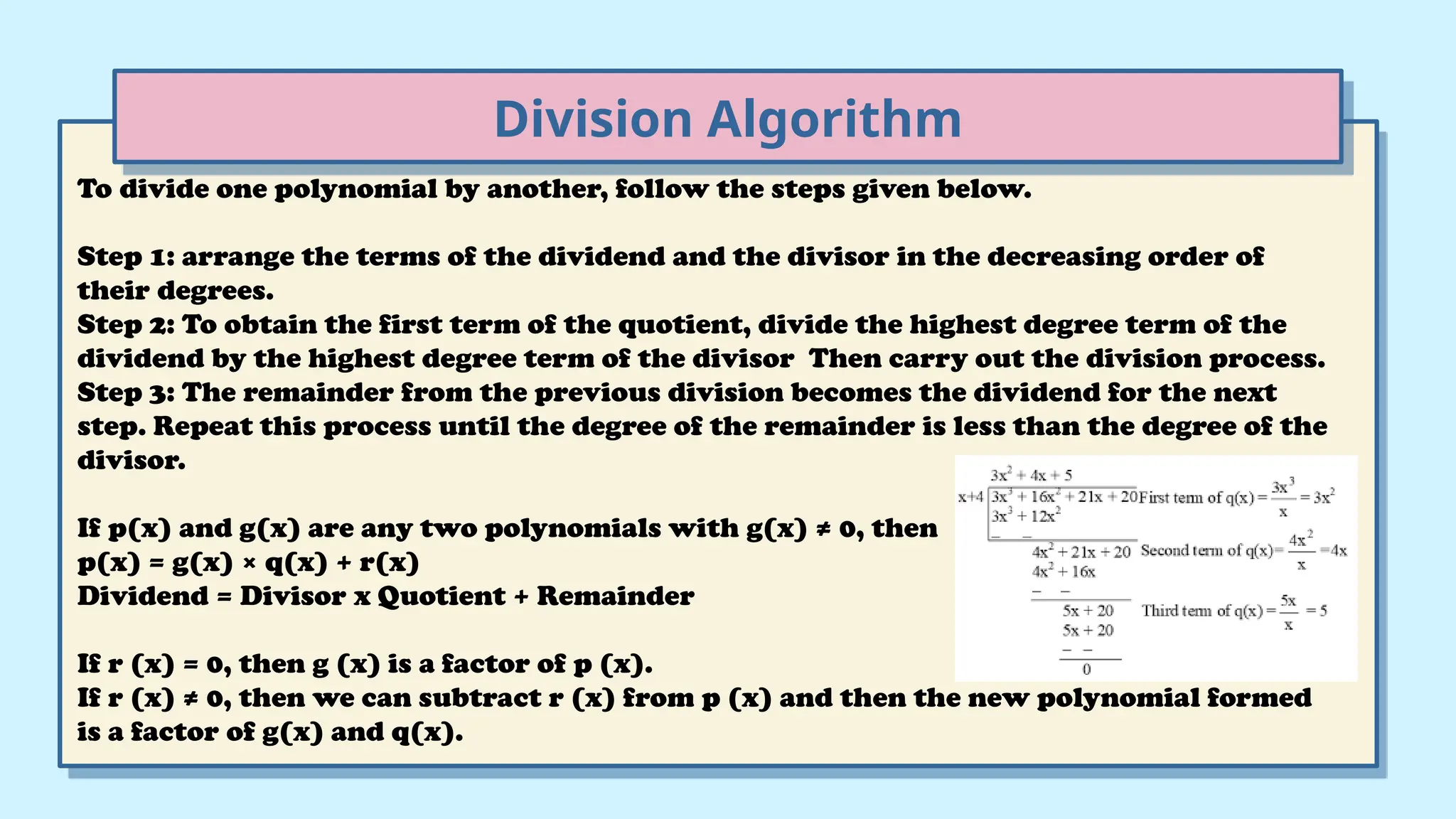 Division Algorithm
To divide one polynomial by another, follow the steps given below.
Step 1: arrange the terms of the dividend and the divisor in the decreasing order of
their degrees.
Step 2: To obtain the first term of the quotient, divide the highest degree term of the
dividend by the highest degree term of the divisor Then carry out the division process.
Step 3: The remainder from the previous division becomes the dividend for the next
step. Repeat this process until the degree of the remainder is less than the degree of the
divisor.
If p(x) and g(x) are any two polynomials with g(x) ≠ 0, then
p(x) = g(x) × q(x) + r(x)
Dividend = Divisor x Quotient + Remainder
If r (x) = 0, then g (x) is a factor of p (x).
If r (x) ≠ 0, then we can subtract r (x) from p (x) and then the new polynomial formed
is a factor of g(x) and q(x).
 