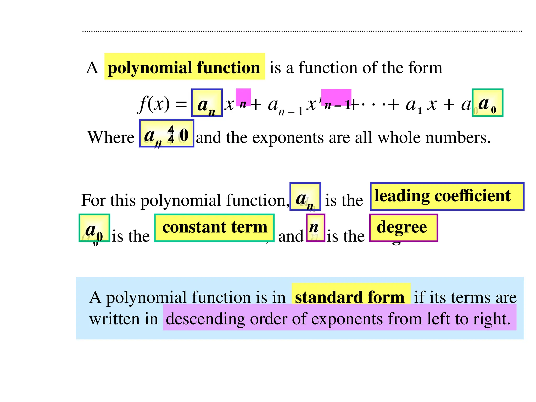 A polynomial function is a function of the form
f(x) = an xn
+ an – 1 xn – 1
+· · ·+ a1 x + a0
Where an  0 and the exponents are all whole numbers.
A polynomial function is in standard form if its terms are
written in descending order of exponents from left to right.
For this polynomial function, an is the leading coefficient,
a0 is the constant term, and n is the degree.
an  0
an
an
leading coefficient
a0
a0
constant term n
n
degree
descending order of exponents from left to right.
n n – 1
 