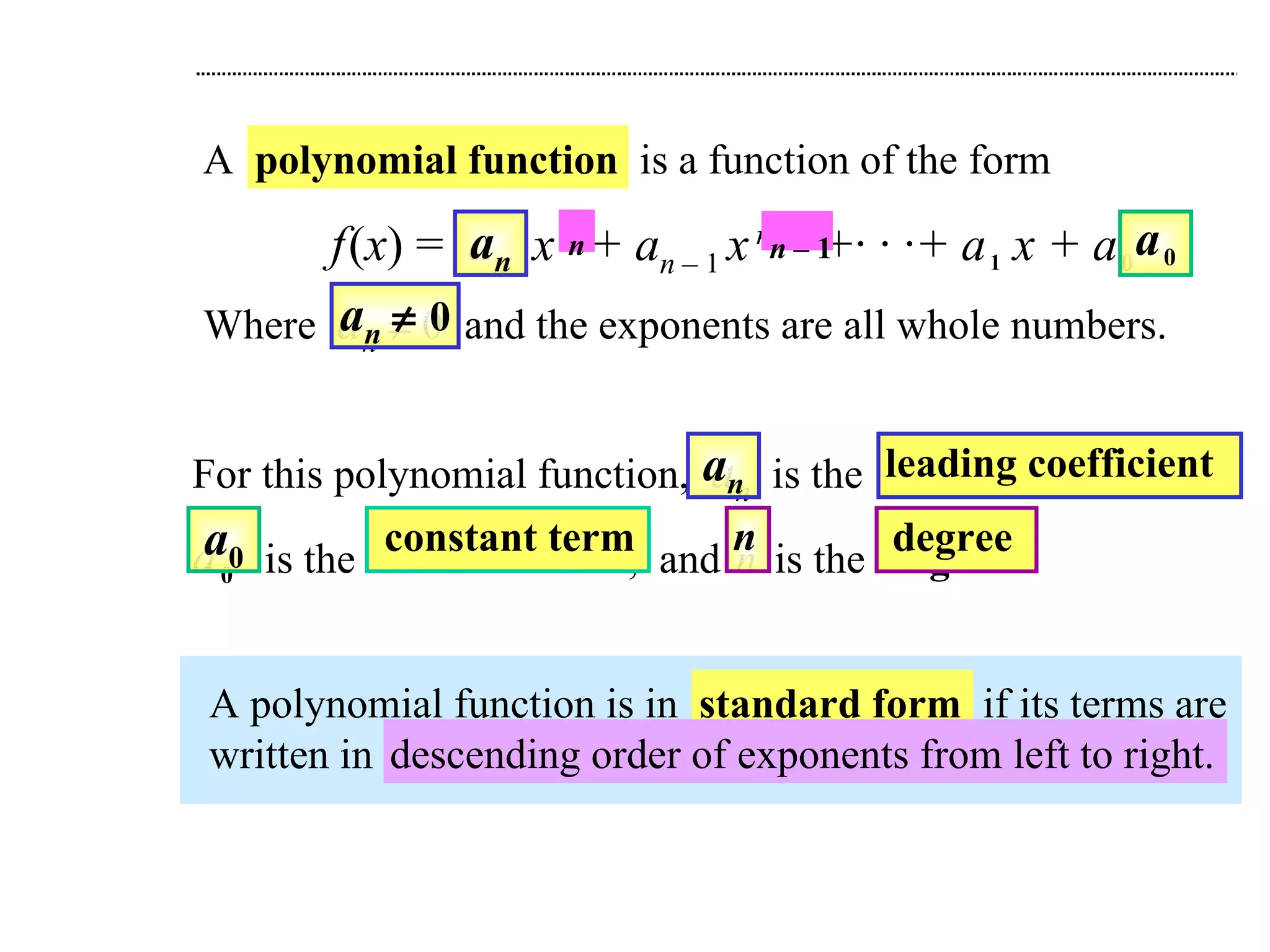A  polynomial function   is a function of the form f   ( x ) =  a n   x   n   + a n   &ndash;  1   x   n   &ndash;  1   +&middot; &middot; &middot;+ a   1   x + a   0 Where  a n     0  and the exponents are all whole numbers. A polynomial function is in  standard form   if its terms are  written in descending order of exponents from left to right. For this polynomial function,  a n   is the  leading coefficient , a   0   is the  constant term ,  and  n   is the  degree .  a n     0 a n a n leading coefficient a   0 a 0 constant term n n degree descending order of exponents from left to right. n n   &ndash;  1 