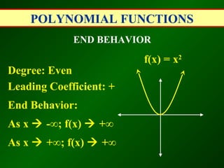 POLYNOMIAL FUNCTIONS
             END BEHAVIOR

                         f(x) = x2
Degree: Even
Leading Coefficient: +
End Behavior:
As x  -∞; f(x)  +∞
As x  +∞; f(x)  +∞
 