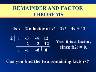 REMAINDER AND FACTOR
          THEOREMS

     Is x – 2 a factor of x3 – 3x2 – 4x + 12

 2     1   -3   -4 12
                -2 -12     Yes, it is a factor,
            2
                            since f(2) = 0.
       1   -1   -6 0

Can you find the two remaining factors?
 