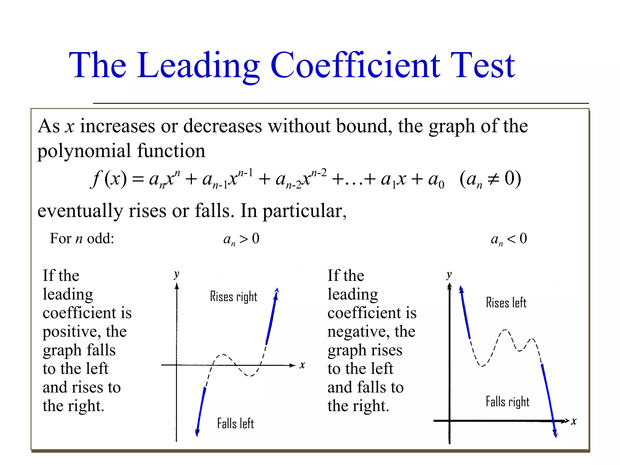 The Leading Coefficient Test
As x increases or decreases without bound, the graph of the
polynomial function
n
n-1
n-2
f (x) = anxn + an-1xn-1 + an-2xn-2 +…+ a1x + a0 (an ≠ 0)
n
n-1
n-2
1
0
n
eventually rises or falls. In particular,
For n odd:

If the
leading
coefficient is
positive, the
graph falls
to the left
and rises to
the right.

an > 0
n
Rises right

Falls left

an < 0
n

If the
leading
coefficient is
negative, the
graph rises
to the left
and falls to
the right.

Rises left

Falls right

 