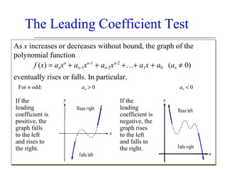 The Leading Coefficient Test
As x increases or decreases without bound, the graph of the
polynomial function
n
n-1
n-2
f (x) = anxn + an-1xn-1 + an-2xn-2 +…+ a1x + a0 (an ≠ 0)
n
n-1
n-2
1
0
n
eventually rises or falls. In particular,
For n odd:

If the
leading
coefficient is
positive, the
graph falls
to the left
and rises to
the right.

an > 0
n
Rises right

Falls left

an < 0
n

If the
leading
coefficient is
negative, the
graph rises
to the left
and falls to
the right.

Rises left

Falls right

 