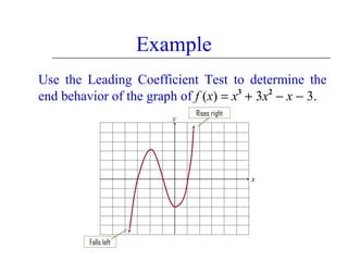 Example
Use the Leading Coefficient Test to determine the
end behavior of the graph of f (x) = x3 + 3x2 − x − 3.
y

Rises right

x

Falls left

 