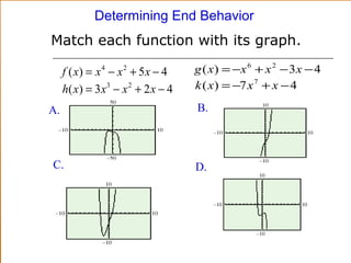Determining End Behavior

Match each function with its graph.
f ( x) = x − x + 5 x − 4
h( x ) = 3 x 3 − x 2 + 2 x − 4
4

A.

C.

2

g ( x ) = −x 6 + x 2 − 3 x − 4
k ( x ) = −7 x 7 + x − 4
B.

D.

 