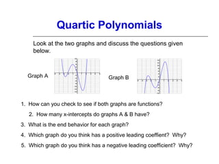 Quartic Polynomials
Look at the two graphs and discuss the questions given
below.
10

14

8

12

6

10

4

8

2

Graph A

-5

-4

-3

-2

-1

-2
-4
-6

6
1

2

3

4

5

Graph B

4
2
-5

-4

-3

-8
-10
-12
-14

-2

-1

-2

1

2

3

4

5

-4
-6
-8
-10

1. How can you check to see if both graphs are functions?
2. How many x-intercepts do graphs A & B have?
3. What is the end behavior for each graph?
4. Which graph do you think has a positive leading coeffient? Why?
5. Which graph do you think has a negative leading coefficient? Why?

 