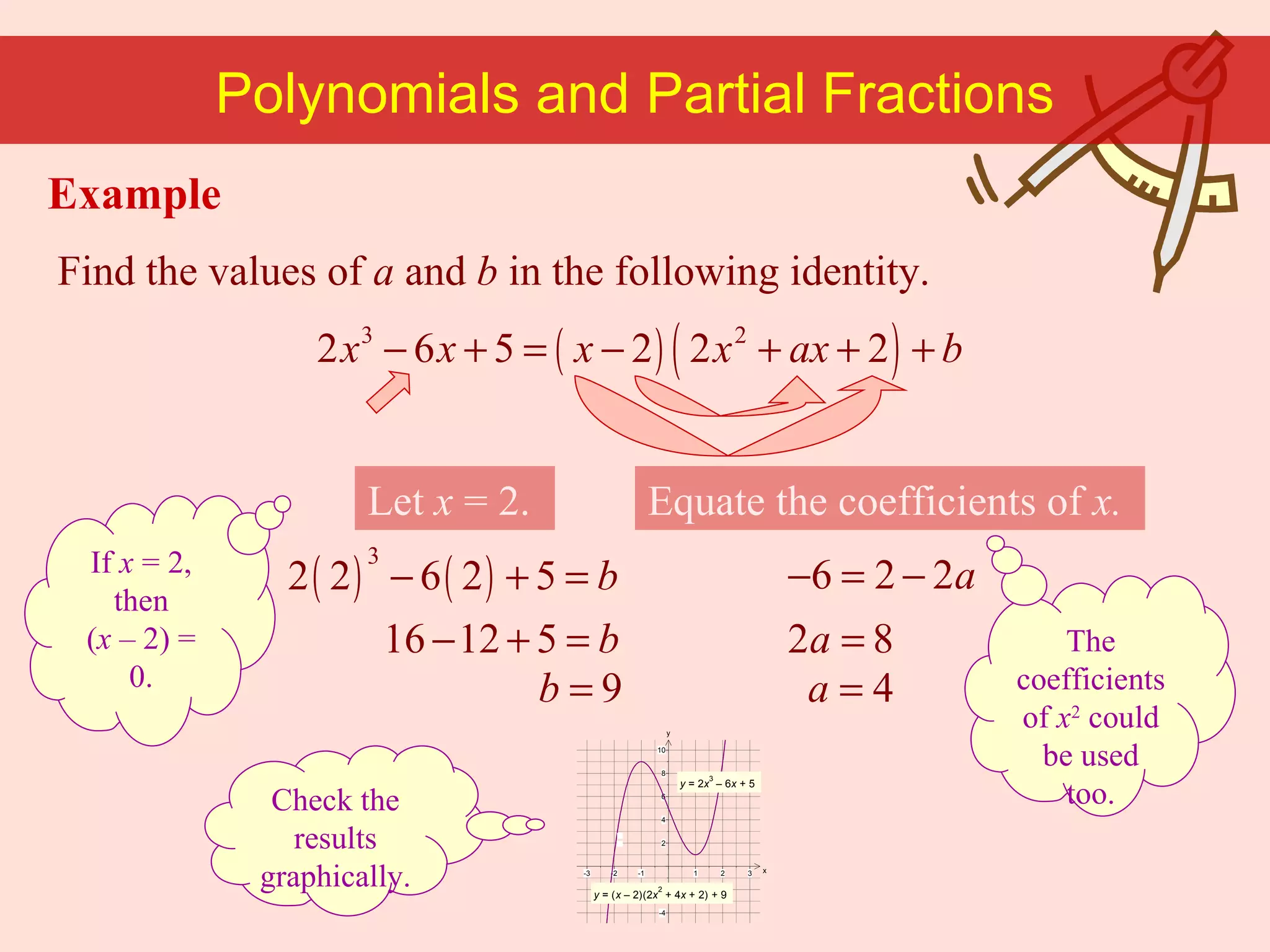If  x  = 2, then ( x  – 2) = 0. The coefficients of  x 2  could be used too. Find the values of  a  and  b  in the following identity. Polynomials and Partial Fractions Let  x  = 2. Equate the coefficients of  x. Check the results graphically. Example 