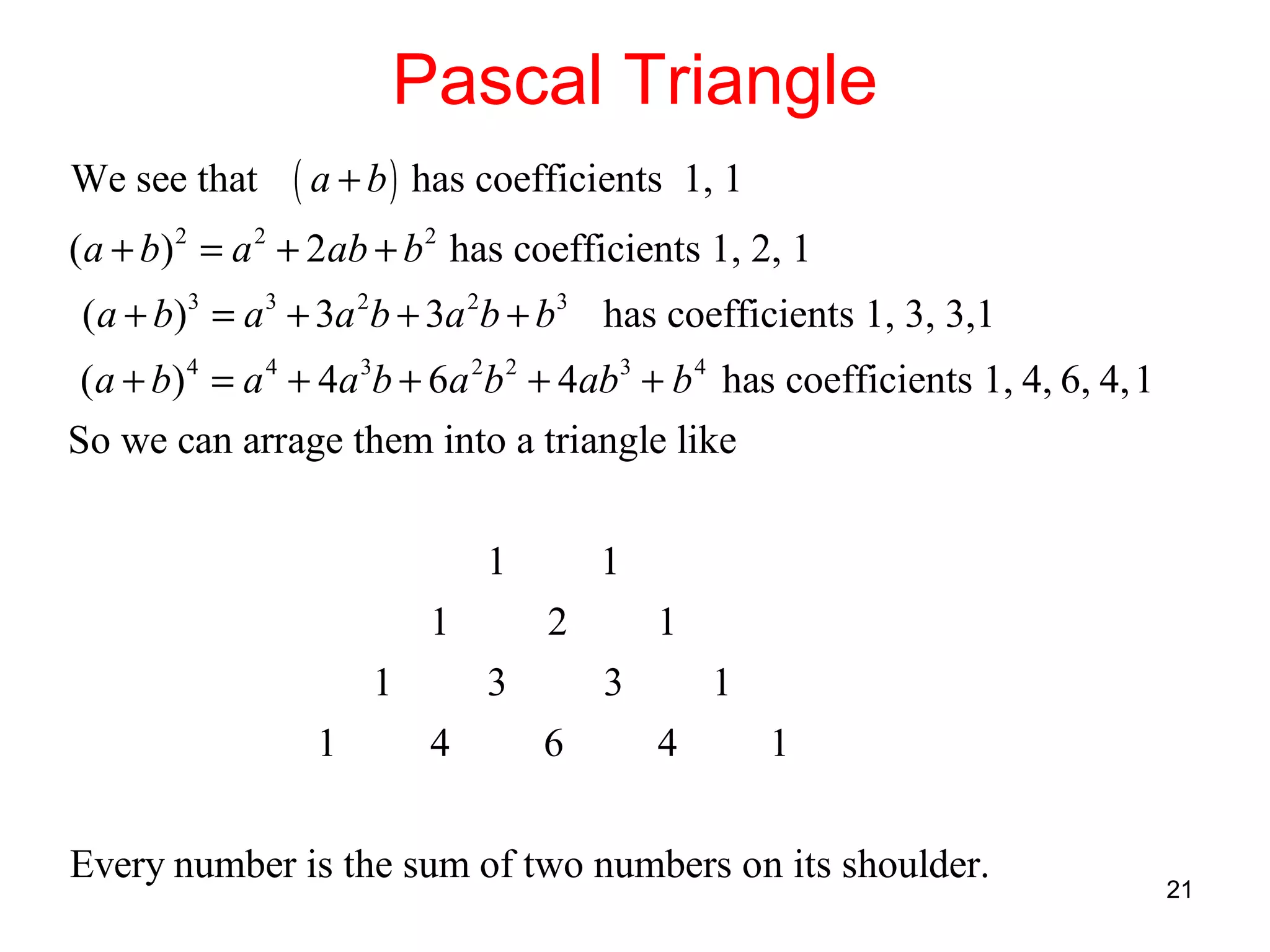 Pascal Triangle
We see that

( a + b ) has coefficients

1, 1

(a + b) 2 = a 2 + 2ab + b 2 has coefficients 1, 2, 1
( a + b)3 = a 3 + 3a 2b + 3a 2b + b3 has coefficients 1, 3, 3,1
(a + b) 4 = a 4 + 4a 3b + 6a 2b 2 + 4ab3 + b 4 has coefficients 1, 4, 6, 4, 1
So we can arrage them into a triangle like
1
1
1
1

1
2

3
4

1
3

6

1
4

1

Every number is the sum of two numbers on its shoulder.

21

 