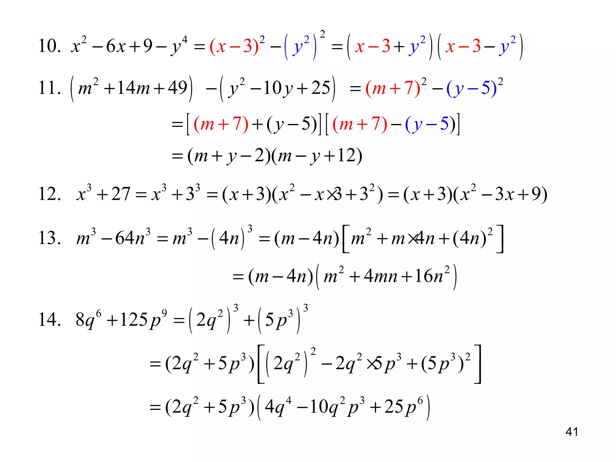 10. x − 6 x + 9 − y = ( x − 3) − ( y

) = ( x −3+ y ) ( x −3− y )
11. ( m + 14m + 49 ) − ( y − 10 y + 25 ) = (m + 7) − ( y − 5)
2

4

2

2

2 2

2

2

2

2

2

= [ (m + 7) + ( y − 5) ] [ (m + 7) − ( y − 5) ]
= (m + y − 2)(m − y + 12)

12. x 3 + 27 = x 3 + 33 = ( x + 3)( x 2 − x × + 32 ) = ( x + 3)( x 2 − 3 x + 9)
3
13. m − 64n = m − ( 4n ) = ( m − 4n)  m 2 + m ×4n + ( 4n) 2 


3

3

3

3

= (m − 4n) ( m 2 + 4mn + 16n 2 )

14. 8q + 125 p = ( 2q
6

9

= (2q

2

= (2q 2

) +(5p )
+ 5 p ) ( 2q ) − 2q × p + (5 p )
5


+ 5 p ) ( 4q − 10q p + 25 p )
2 3

3 3

2 2

3

3

4

2

2

3

3

3 2





6

41

 
