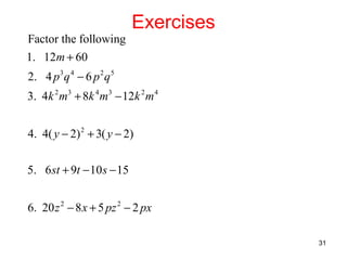 Factor the following

Exercises

1. 12m + 60
2. 4 p 3 q 4 − 6 p 2 q 5
3. 4k 2 m3 + 8k 4 m3 − 12k 2 m 4
4. 4( y − 2) 2 + 3( y − 2)
5. 6 st + 9t − 10 s − 15
6. 20 z 2 − 8 x + 5 pz 2 − 2 px
31

 