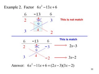 Example 2. Factor 6 x 2 − 13 x + 6
This is not match

This is match

2x−3
3x−2

Answer: 6 x 2 − 11x + 6 = (2 x − 3)(3 x − 2)
33

 