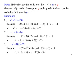 Note: If the first coefficient is one like x 2 + px + q
then we only need to decompose q to the product of two number
such that their sum is p.
Examples:
1.

x 2 − 11x + 30
because
30 = ( −5)(−6) and
so

2.

3.

x 2 − 11x + 30 = ( x − 5)( x − 6)

a 2 − 5a − 14
because
− 14 = 2 ×(−7) and
so

(−5) + (−6) = −11

2 + (−7) = −5

a 2 − 5a − 14 = (a + 2)(a − 7)

x 2 + 10 x − 39
because
− 39 = 13 ×( −3) and 13 + ( −3) = 10
so

x 2 + 10 x − 39 = ( x + 13)( x − 3)

36

 
