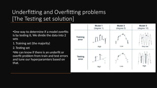 Underfitting and Overfitting problems
[The Testing set solution]
•One way to determine if a model overfits
is by testing it, We divide the data into 2
sets
1.Training set (the majority)
2.Testing set
•We can know if there is an underfit or
overfit problem from train and test errors
and tune our hyperparamters based on
that.
 