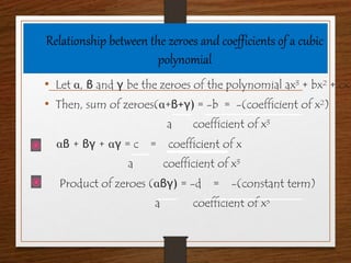 Relationship between the zeroes and coefficients of a cubic
polynomial
• Let α, β and γ be the zeroes of the polynomial ax³ + bx² + cx
• Then, sum of zeroes(α+β+γ) = -b = -(coefficient of x²)
a coefficient of x³
αβ + βγ + αγ = c = coefficient of x
a coefficient of x³
Product of zeroes (αβγ) = -d = -(constant term)
a coefficient of x³