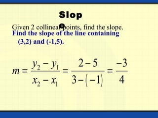 Given 2 collinear points, find the slope.
Find the slope of the line containing
(3,2) and (-1,5).
( )
2 1
2 1
2 5 3
3 1 4
...