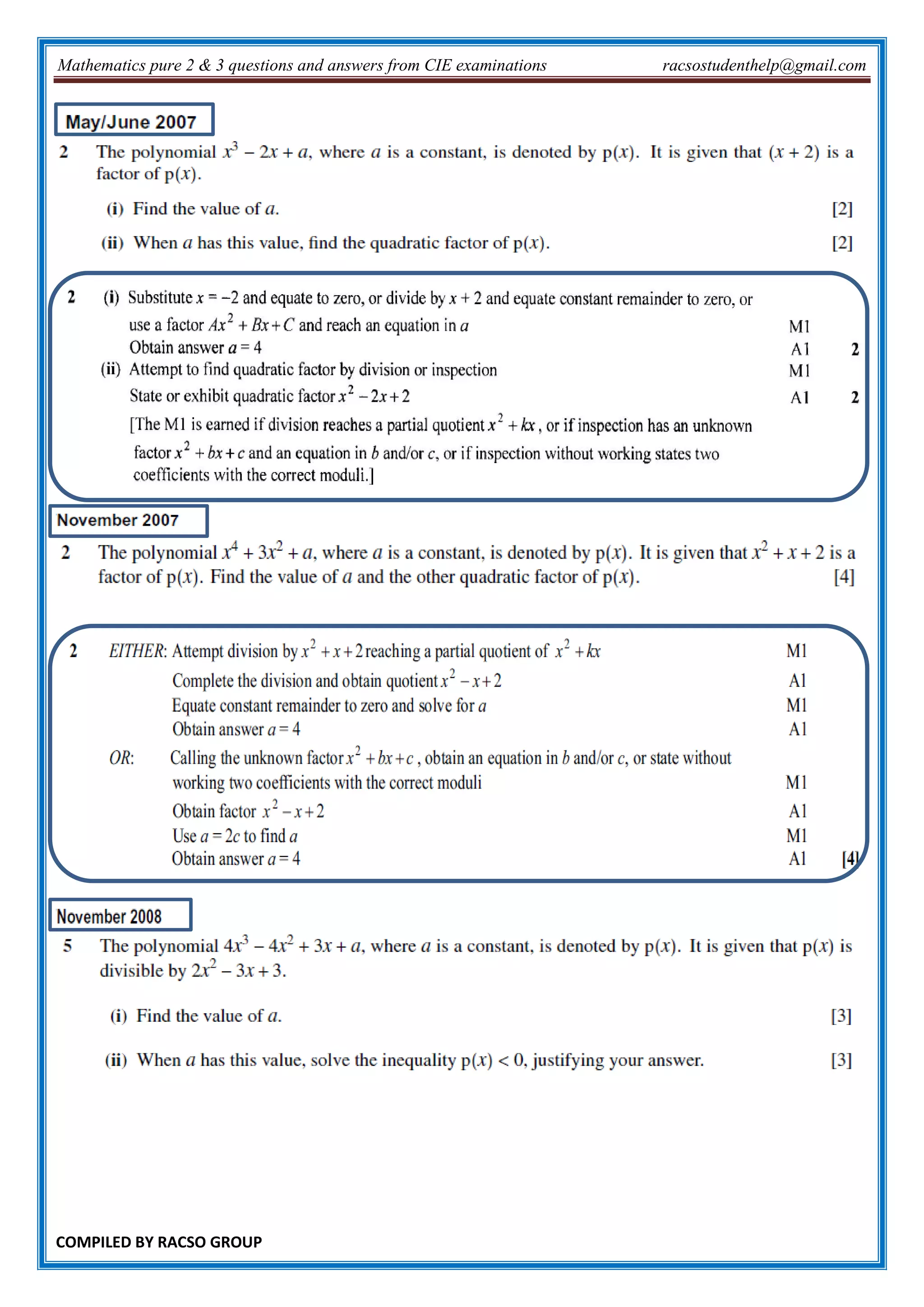 Mathematics pure 2 & 3 questions and answers from CIE examinations racsostudenthelp@gmail.com
COMPILED BY RACSO GROUP