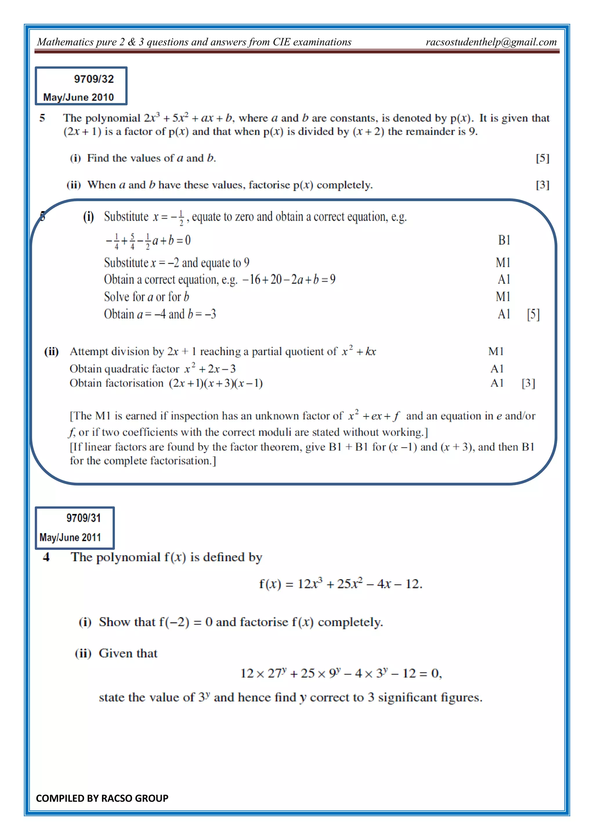 Mathematics pure 2 & 3 questions and answers from CIE examinations racsostudenthelp@gmail.com
COMPILED BY RACSO GROUP