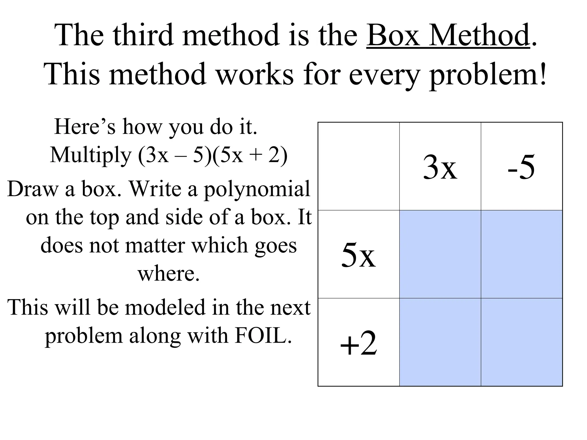 The third method is the Box Method.
This method works for every problem!
Here’s how you do it.
Multiply (3x – 5)(5x + 2)
Draw a box. Write a polynomial
on the top and side of a box. It
does not matter which goes
where.
This will be modeled in the next
problem along with FOIL.
3x -5
5x
+2
 