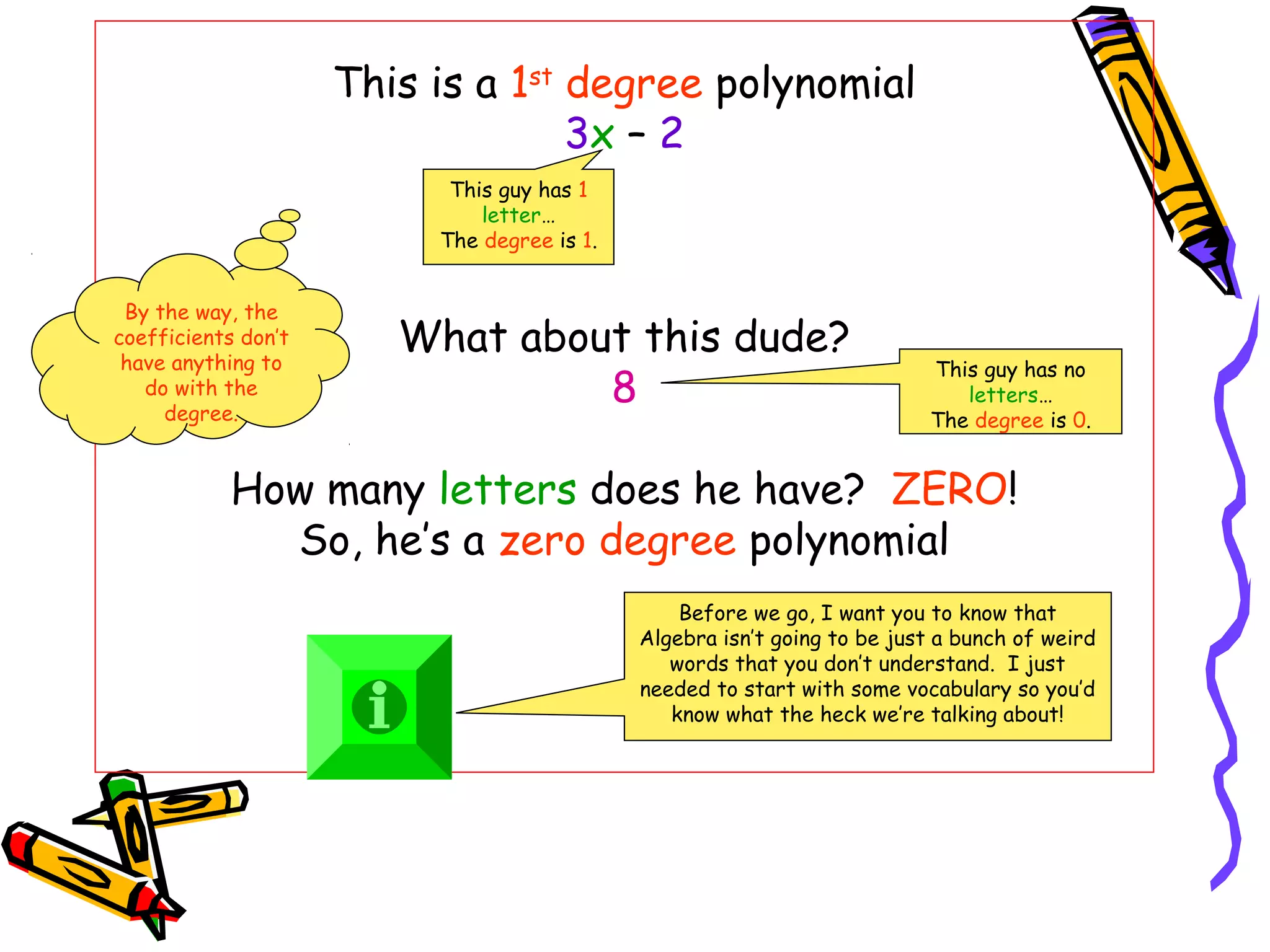 This is a 1st
degree polynomial
3x – 2
What about this dude?
8
How many letters does he have? ZERO!
So, he’s a zero degree polynomial
This guy has 1
letter…
The degree is 1.
This guy has no
letters…
The degree is 0.
By the way, the
coefficients don’t
have anything to
do with the
degree.
Before we go, I want you to know that
Algebra isn’t going to be just a bunch of weird
words that you don’t understand. I just
needed to start with some vocabulary so you’d
know what the heck we’re talking about!
 