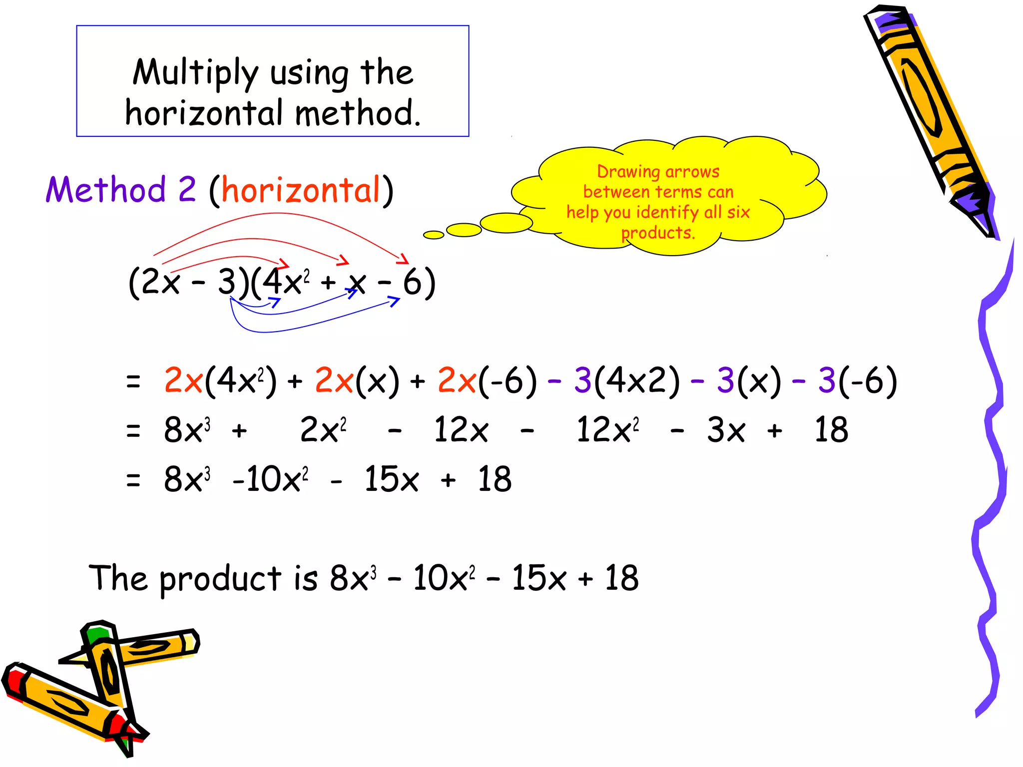 Multiply using the
horizontal method.
(2x – 3)(4x2
+ x – 6)
= 2x(4x2
) + 2x(x) + 2x(-6) – 3(4x2) – 3(x) – 3(-6)
= 8x3
+ 2x2
– 12x – 12x2
– 3x + 18
= 8x3
-10x2
- 15x + 18
The product is 8x3
– 10x2
– 15x + 18
Drawing arrows
between terms can
help you identify all six
products.
Method 2 (horizontal)
 