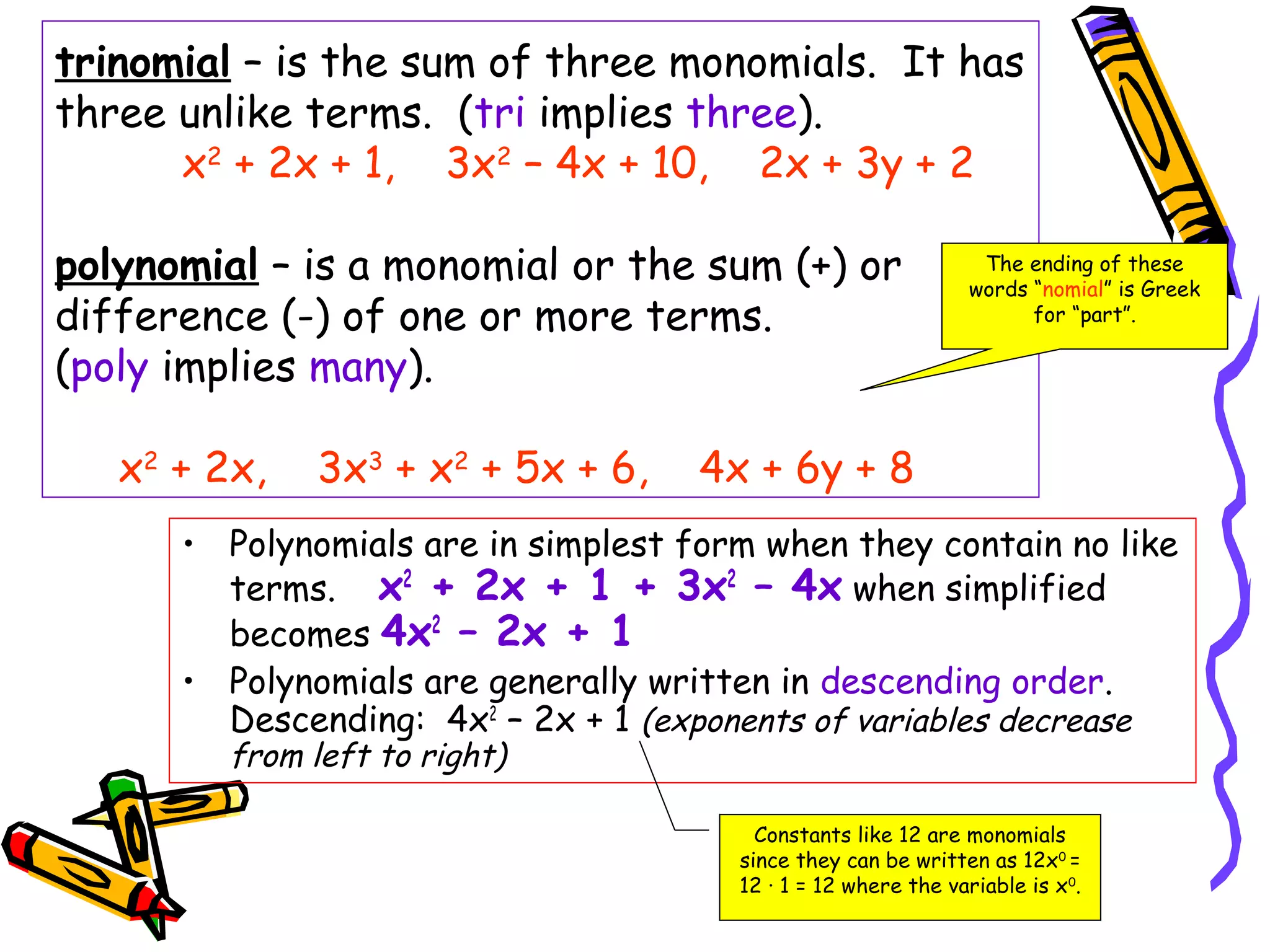 trinomial – is the sum of three monomials. It has
three unlike terms. (tri implies three).
x2
+ 2x + 1, 3x2
– 4x + 10, 2x + 3y + 2
polynomial – is a monomial or the sum (+) or
difference (-) of one or more terms.
(poly implies many).
x2
+ 2x, 3x3
+ x2
+ 5x + 6, 4x + 6y + 8
• Polynomials are in simplest form when they contain no like
terms. x2
+ 2x + 1 + 3x2
– 4x when simplified
becomes 4x2
– 2x + 1
• Polynomials are generally written in descending order.
Descending: 4x2
– 2x + 1 (exponents of variables decrease
from left to right)
The ending of these
words “nomial” is Greek
for “part”.
Constants like 12 are monomials
since they can be written as 12x0
=
12 · 1 = 12 where the variable is x0
.
 