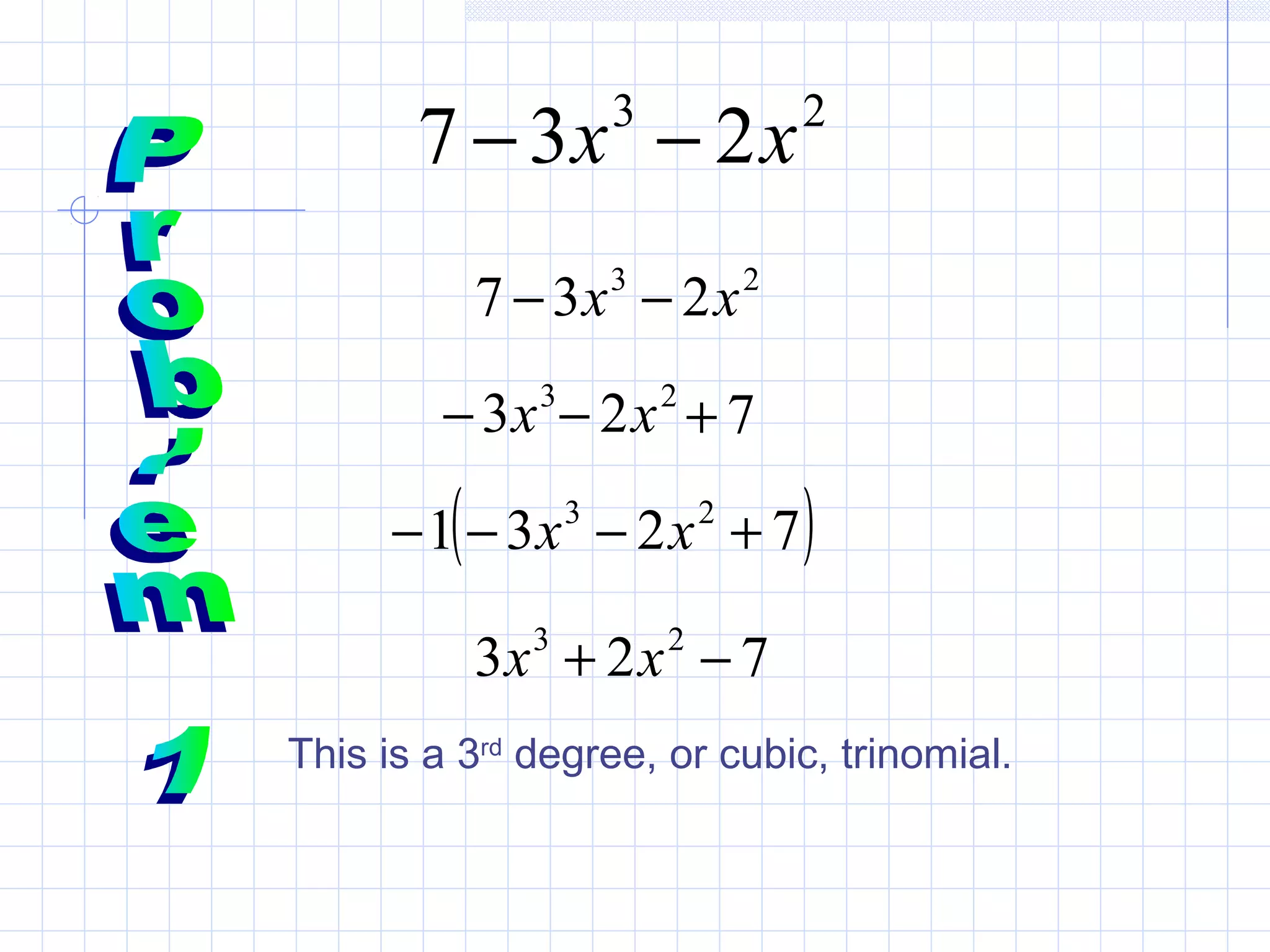 23
237 xx −−
23
237 xx −−
3
3x− 2
2x− 7+
( )7231 23
+−−− xx
723 23
−+ xx
This is a 3rd
degree, or cubic, trinomial.
 