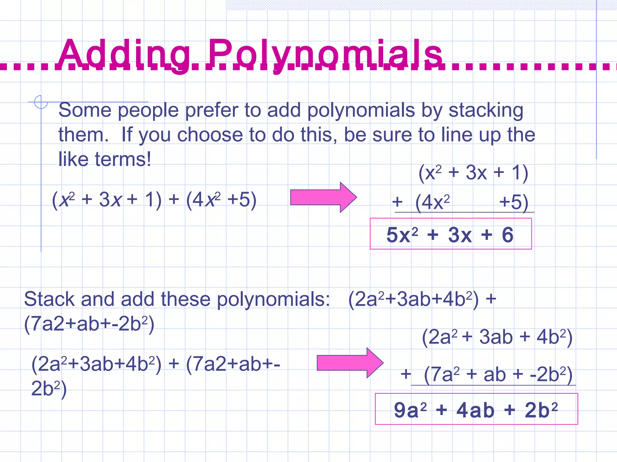 Some people prefer to add polynomials by stacking
them. If you choose to do this, be sure to line up the
like terms!
Adding Polynomials
(x2
+ 3x + 1) + (4x2
+5)
5x2
+ 3x + 6
(x2
+ 3x + 1)
+ (4x2
+5)
Stack and add these polynomials: (2a2
+3ab+4b2
) +
(7a2+ab+-2b2
)
(2a2
+3ab+4b2
) + (7a2+ab+-
2b2
)
(2a2
+ 3ab + 4b2
)
+ (7a2
+ ab + -2b2
)
9a2
+ 4ab + 2b2
 