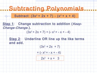 Subtract: (3x2
+ 2x + 7) - (x2
+ x + 4)
Subtracting Polynomials
Step 1: Change subtraction to addition (Keep-
Change-Change.).
Step 2: Underline OR line up the like terms
and add.
(3x2
+ 2x + 7) + (- x2
+ - x + - 4)
(3x2
+ 2x + 7)
+ (- x2
+ - x + - 4)
2x2
+ x + 3
 