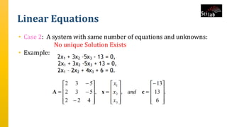 Linear Equations
• Case 2: A system with same number of equations and unknowns:
No unique Solution Exists
• Example:
 