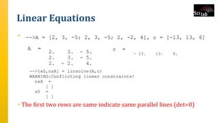 Linear Equations
•
• The first two rows are same indicate same parallel lines (det=0)
 