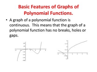 Basic Features of Graphs of
Polynomial Functions.
• A graph of a polynomial function is
continuous. This means that the graph of a
polynomial function has no breaks, holes or
gaps.
 