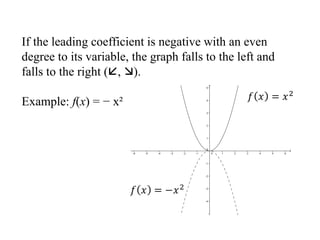 If the leading coefficient is negative with an even
degree to its variable, the graph falls to the left and
falls to the right (, ).
Example: f(x) = − x²
 