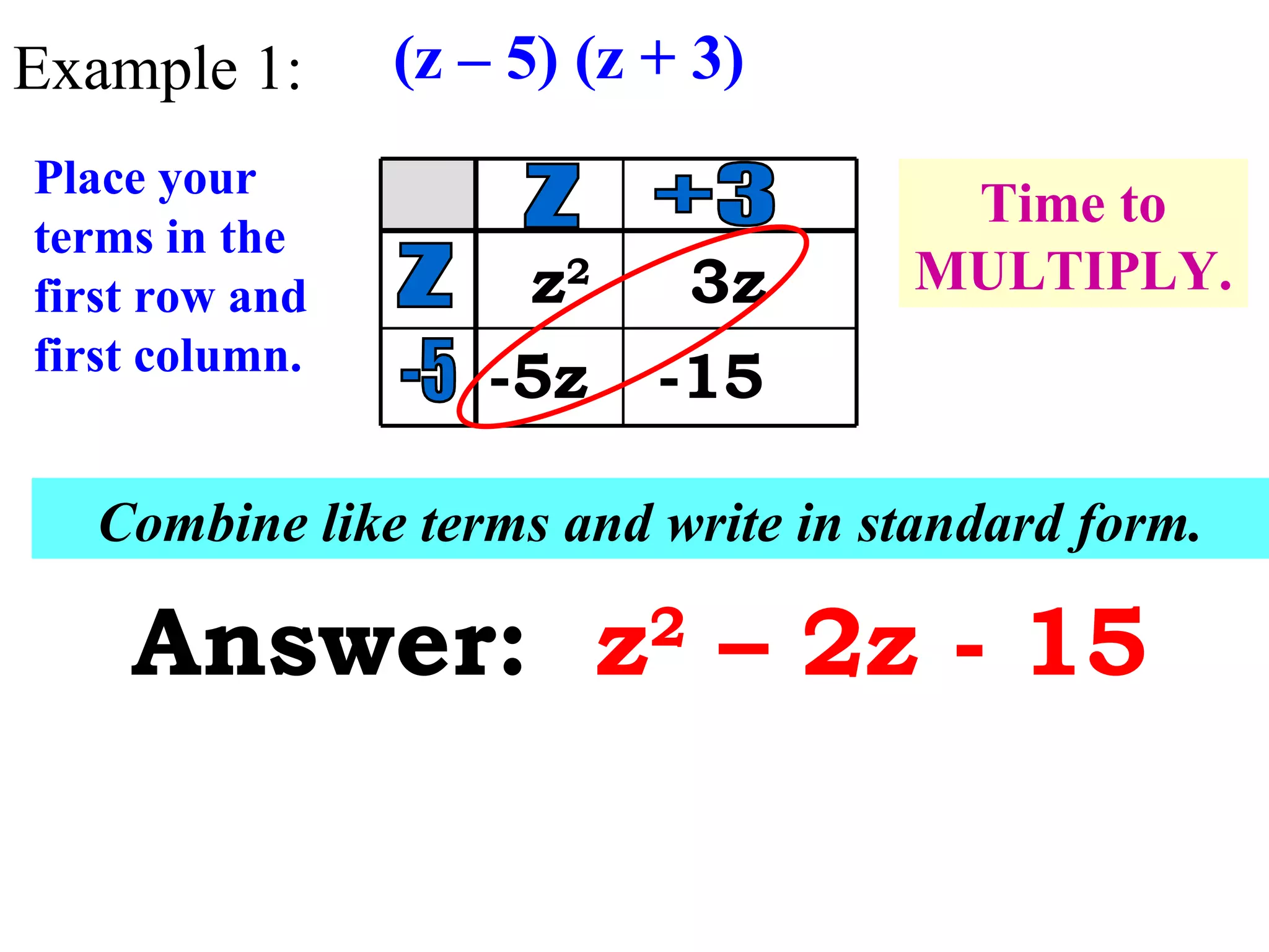 Example 1: (z – 5) (z + 3) Place your terms in the first row and first column. z -5 z +3 Time to MULTIPLY. z 2 3z -5z -15 Combine like terms and write in standard form. Answer: z 2 – 2z - 15