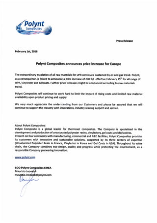 Polynt Composites - Price increase announcement - 01 February 2018