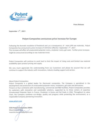 Polynt Composites - Price increase announcement for Europe - September 2017